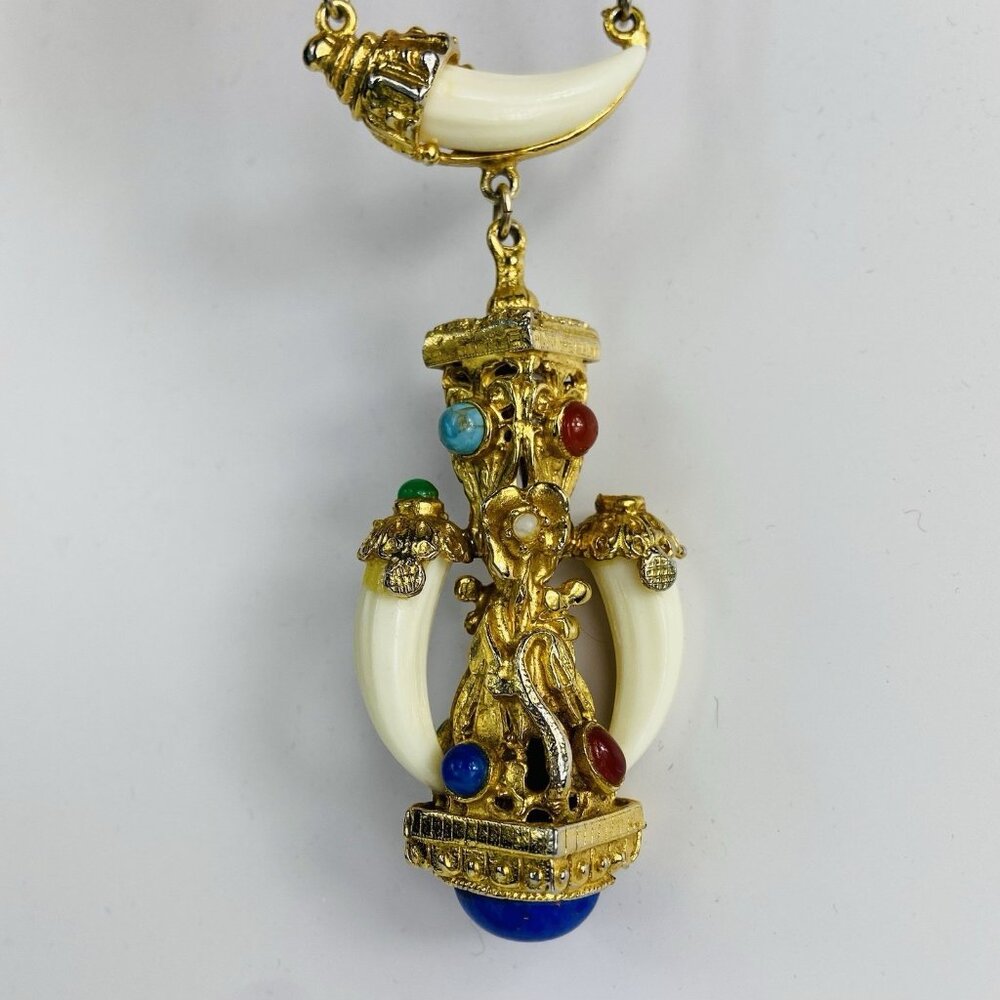 Kenneth Jay Lane Etruscan Revival Snake Gold Gemstone Necklace Horn / Tusk